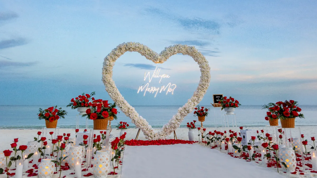 הפקת הצעת נישואין- לב לבן עם שטיח לבן ופרחים אדומים